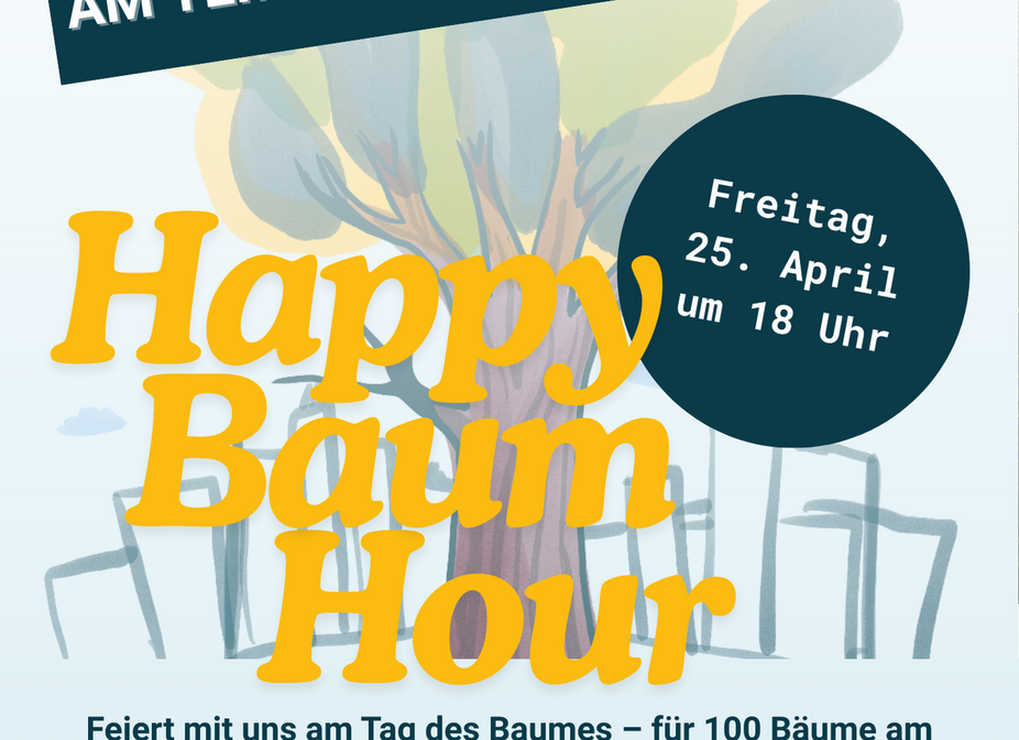 Happy-Baum-Hour am Tag des Baumes am 25.04.2025 Sharepic des Berliner Baumentscheids mit den Logos verschiedener Verbände, Titel: Happy-Baum-Hour am Tag des Baumes! 25.04.2025