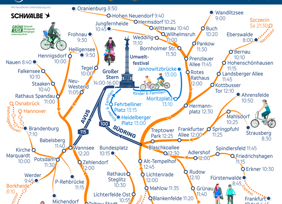 Routen-Spinne und Treffpunkt-Zeiten der ADFC-Sternfahrt 2025 Routen-Spinne und Treffpunkt-Zeiten der ADFC-Sternfahrt 2025