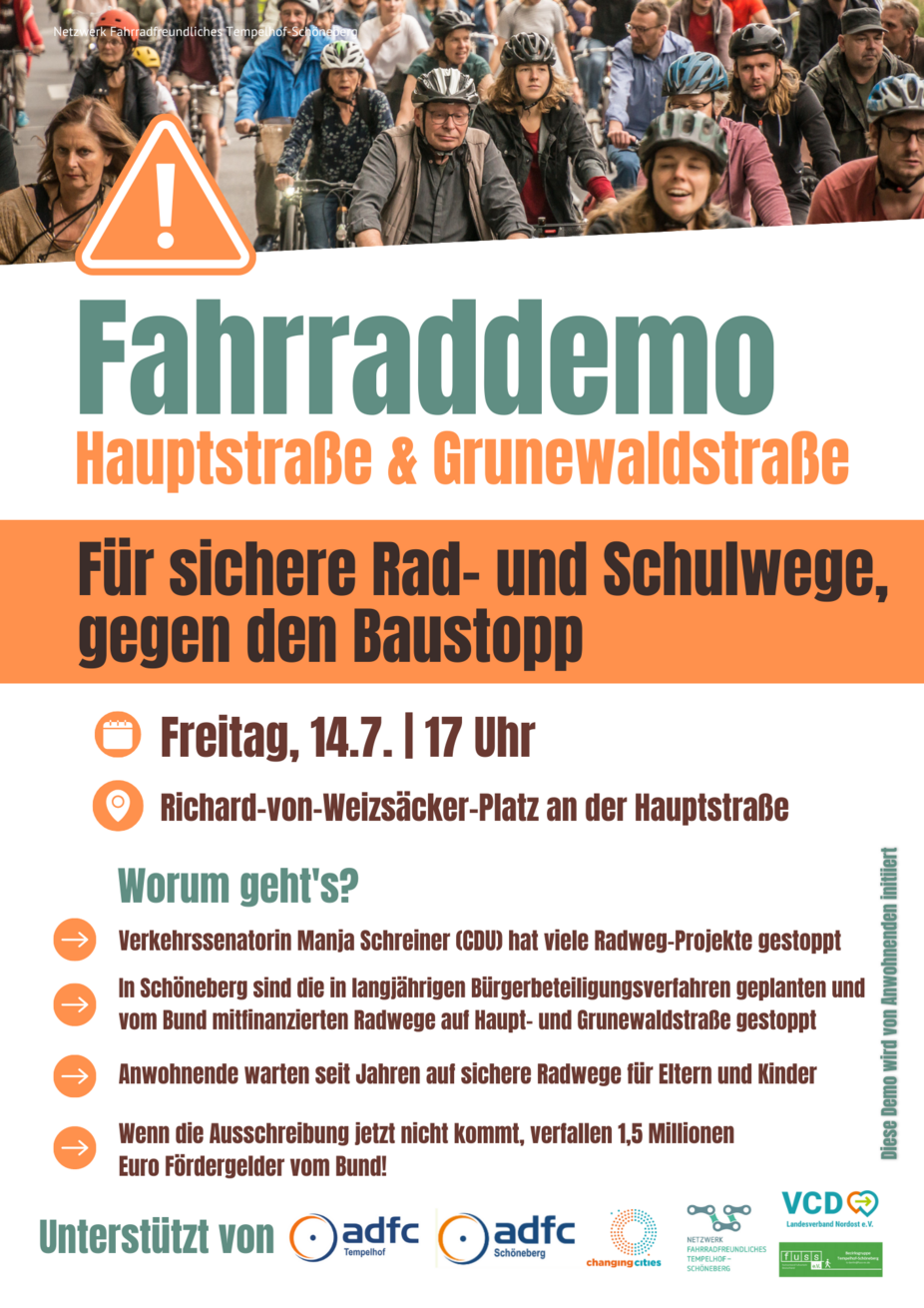 Demoplakat Hauptstraße 14.07.2023 Ankündigung einer Fahrrademo gegen den Radewegestopp in Schöneberg