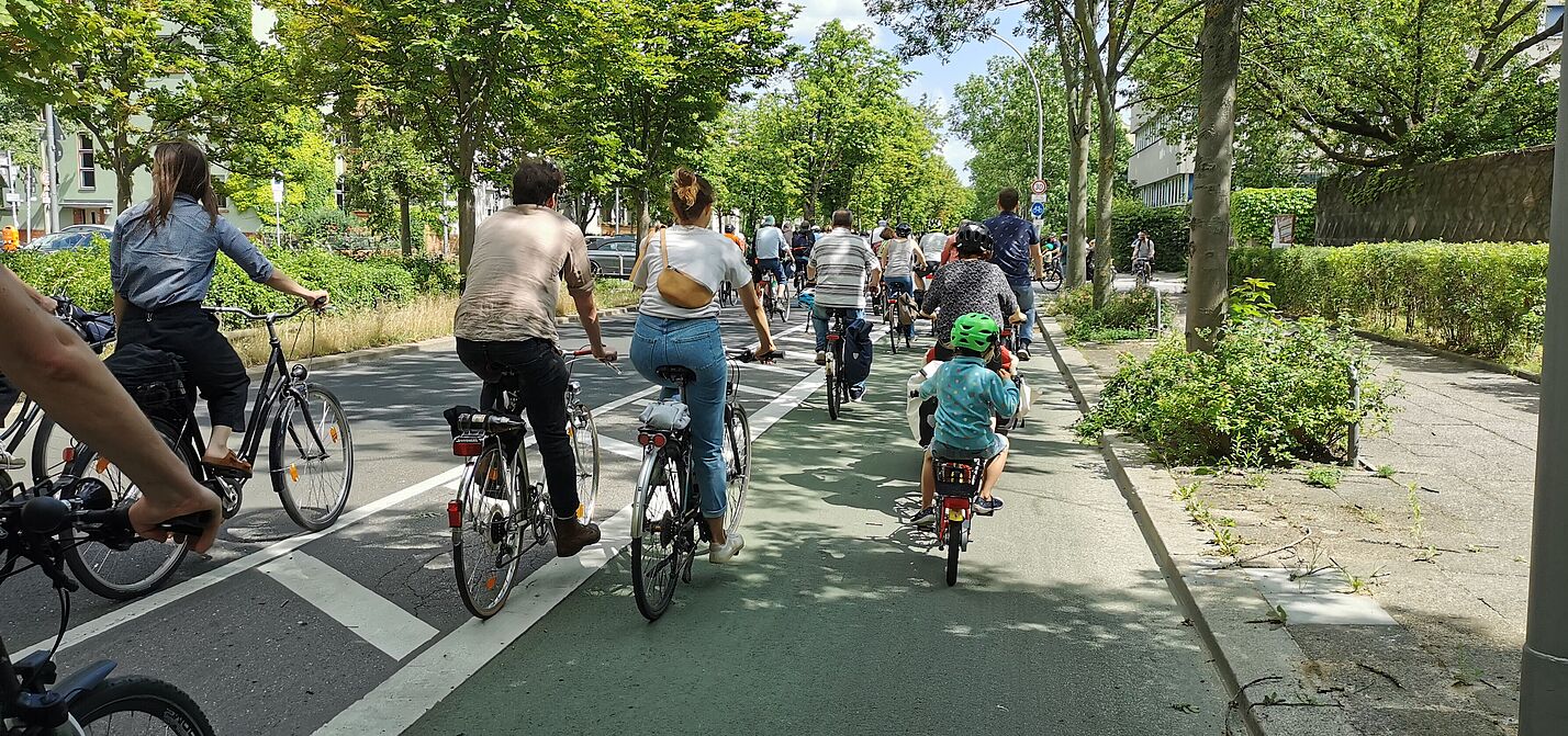 Radfahrende fahren bei einer Demo auf einer Straße mit einem Radweg