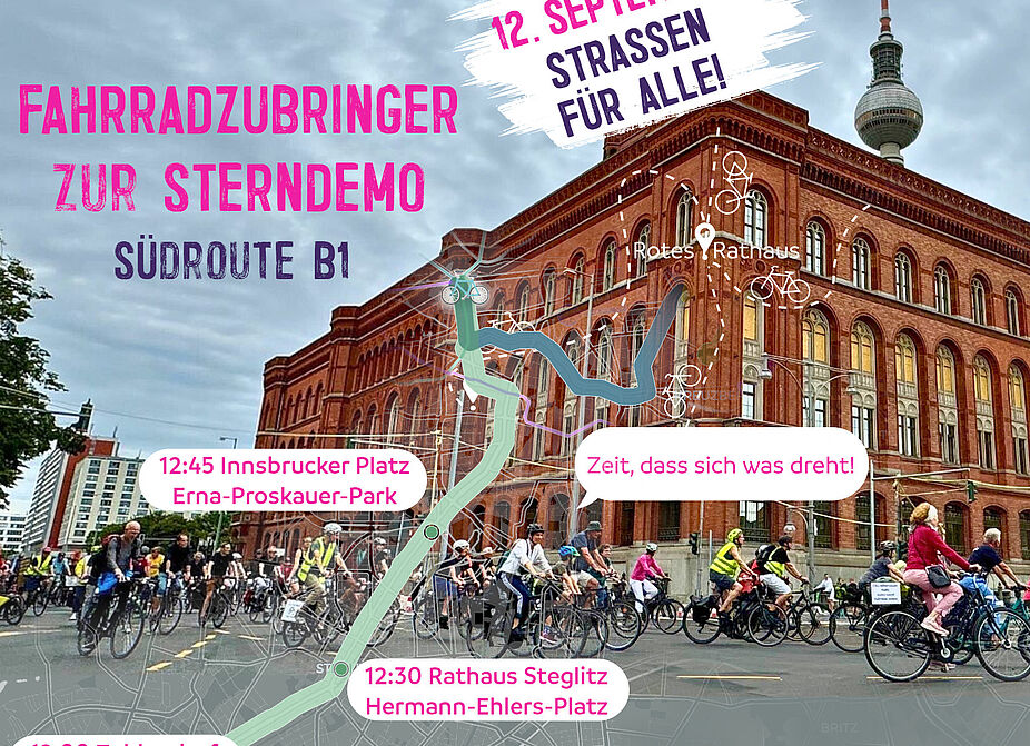 Sharepic Südroute B1 ab 12:00 Uhr Sderotplatz - 12:30 Uhr Hermann-Ehlers-Platz - 12:45 Uhr Innsbrucker Platz Sharepic Südroute B1 tzur Sterndemo am 12.09.2026: ab 12:00 Uhr Sderotplatz - 12:30 Uhr Hermann-Ehlers-Platz - 12:45 Uhr Innsbrucker Platz