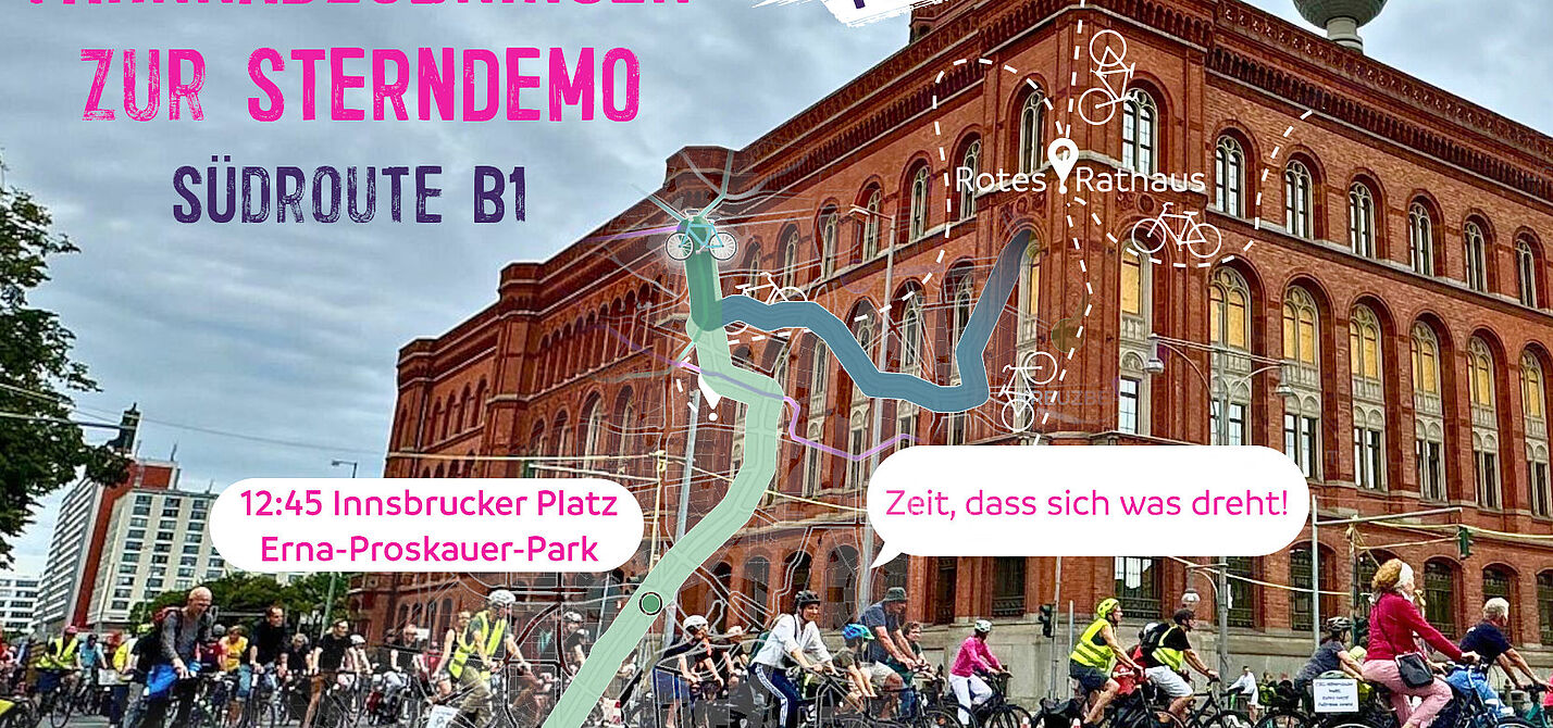 Sharepic des ADFC Steglitz-Zehlendorf zur Südroute B1 als Fahrradroute zur Sterndemo am 12.09.2026