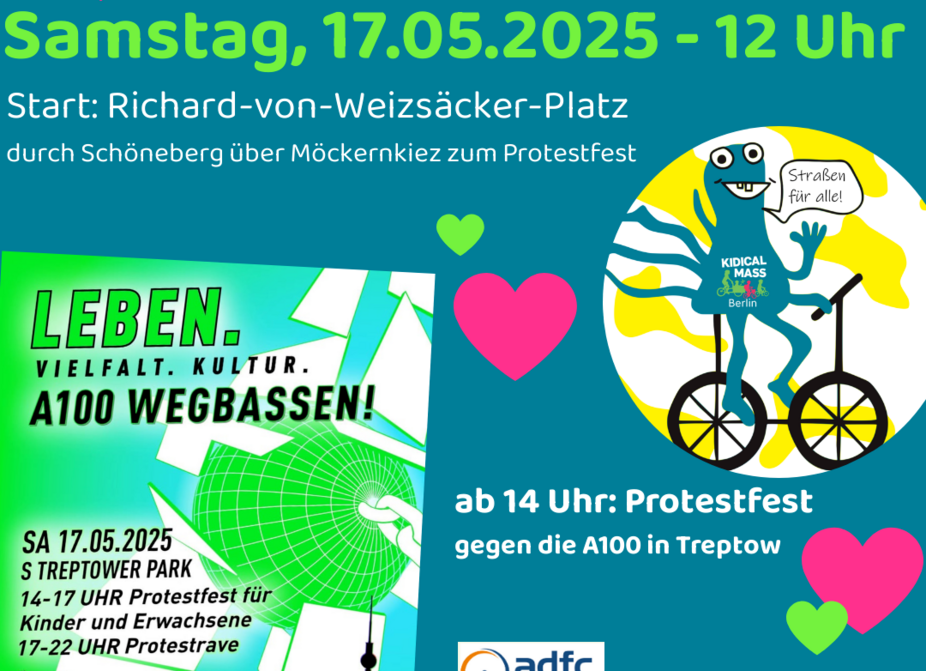 Sharepic Kidical Mass Schöneberg "Froktopus" 17.05.2025 Sharepic, das die Kidical Mass Schöneberg am 17.05.2025 ankündigt. Als Bilder sind der "Froktopus" und ein Plakat zu sehen, dass ein Protestfest gegen den Weiterbau der A100 in Berlin ankündigt.