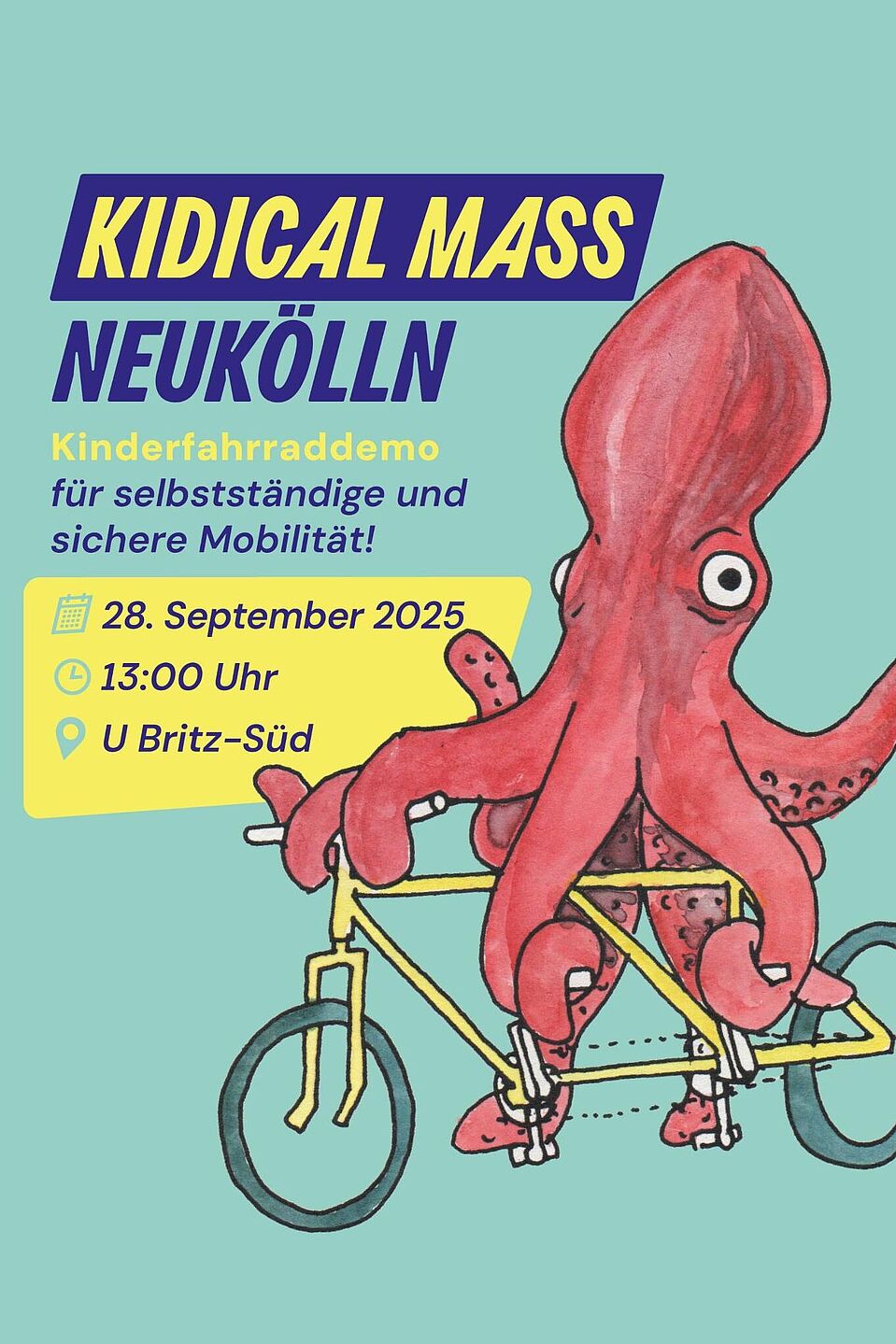 Einladung zur Kidical Mass Neukölln am 28. September 2025 Einladungsflyer zur Kidical Mass Neukölln am 28. September 2025