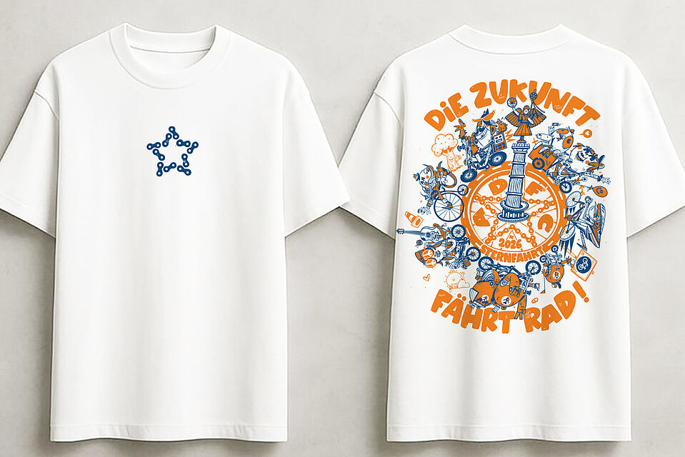 Sternfahrt Jubiläum T-Shirt Weißes T-Shirt mit blauen Ketternstern vorne und orange blauen Aufdruck auf dem Rücken "Die Zukunft fährt Rad!"