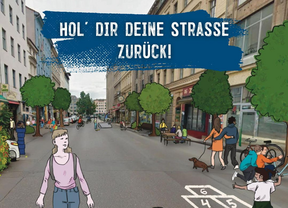 Bild von einer Straße ergänzt mit einer Zeichnung von Bäumen und Menschen, die dort spielen und spazieren