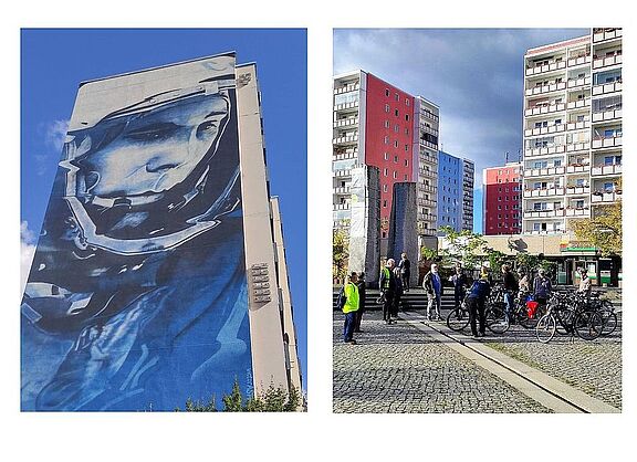 Gagarin-Wandbild und Radgruppe Cecilienplatz in einem Bild