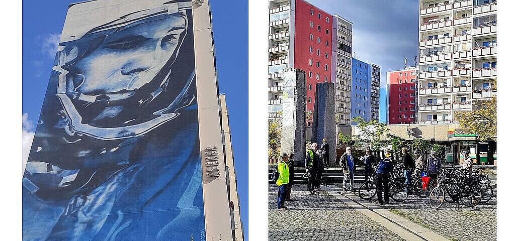 Gagarin-Wandbild und Radgruppe Cecilienplatz in einem Bild