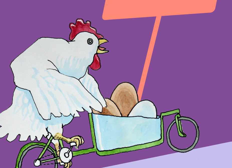 Kidical Mass Schöneberg 17.05.2025, Sharepic von Changing Cities e.V. Sharepic zur Kidical Mass Schöneberg am 17.05.2025 von Changing Cities, mit einem Huhn, das auf einem Lastenrad Eier transportiert