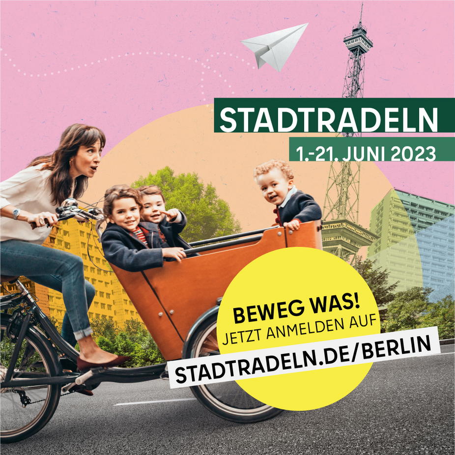 Sharepic Stadtradeln 2023 Bild einer Frau und Kindern im Lastenrad für Stadtradeln 2023 in Berlin