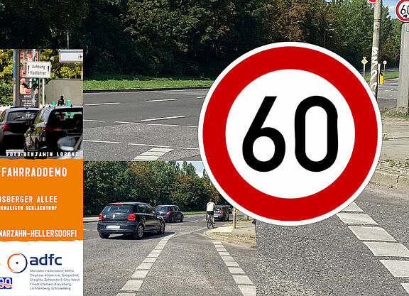 Horrorstraße: Märkische Allee / Franz-Stenzer-Straße An der Märkischen Allee Ecke Franz-Stenzer-Straße befindet sich eine Gefahrenstelle, auf die das Bild aufmerksam macht. Der Radverkehr wird auf eine dreispurige Kfz-Fahrbahn geleitet und es gilt Tempo 60.