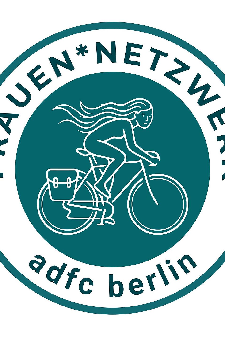 Das Frauen*Netzwerk des ADFC Berlin hat einen Signal-Chat Auf einem kreisrunden Logo in grüner Farbe fährt eine weiß gezeichnete Frauenfigur zu sehen, die mit wehenden Haaren auf einem Fahrrad fährt. Drumherum ist Schrift zu sehen: FRAUEN*NETZWERK adfc berlin