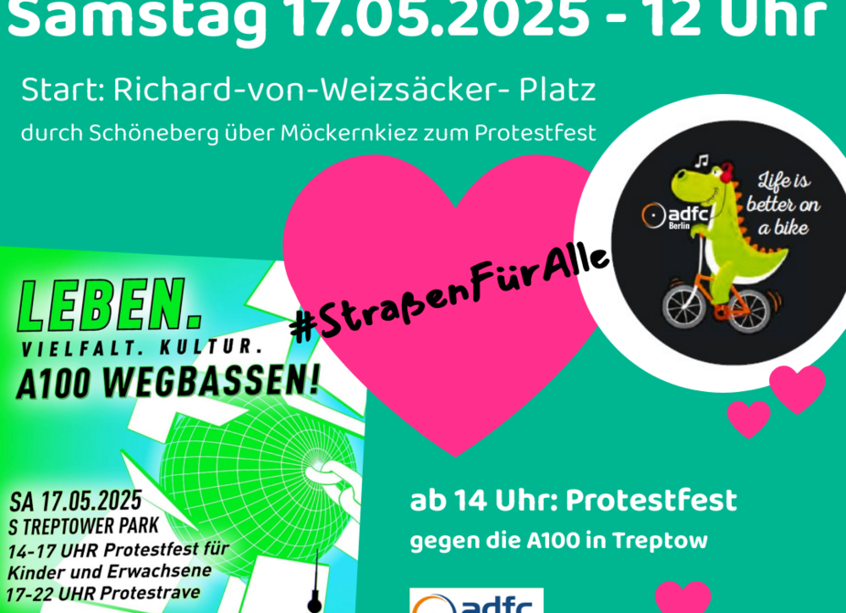 Sharepic Kidical Mass Schöneberg "kleiner Fahrraddrache" 17.05.2025 Sharepic, das die Kidical Mass Schöneberg am 17.05.2025 ankündigt. Als Bilder sind ein Fahrraddrache und ein Plakat zu sehen, dass ein Protestfest gegen den Weiterbau der A100 in Berlin ankündigt.