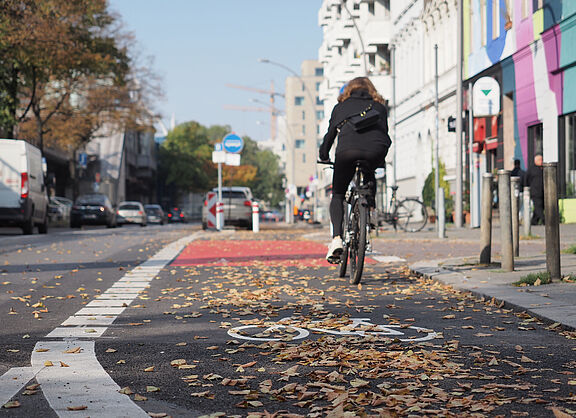 Radfahrerin im Herbst