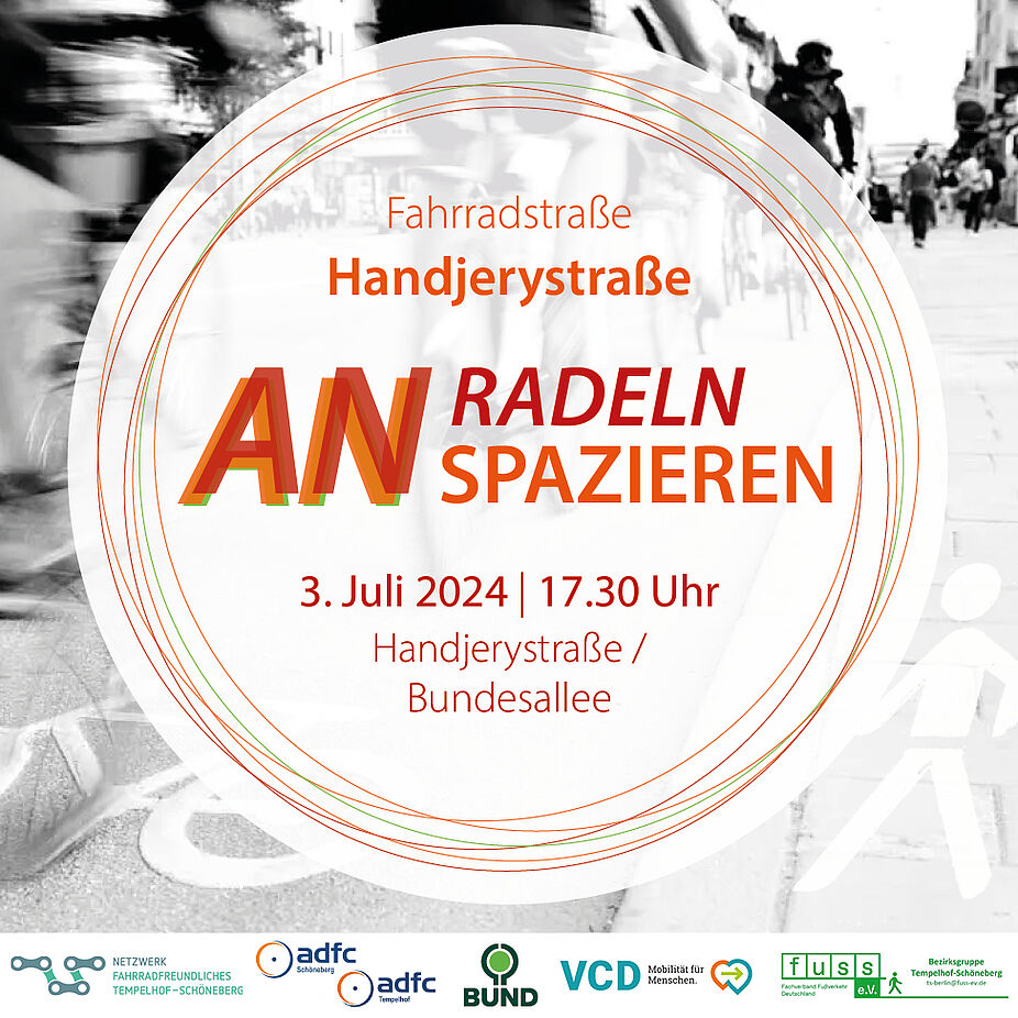 Sharepic Anradeln Anspazieren Handjerystraße 03.07.2024 um 17:30 Uhr Sharepic für die Einladung zum Anradeln Anspazieren der Handjerystraße. Am unteren Rand sind zahlreiche Verbandslogos abgebildet.