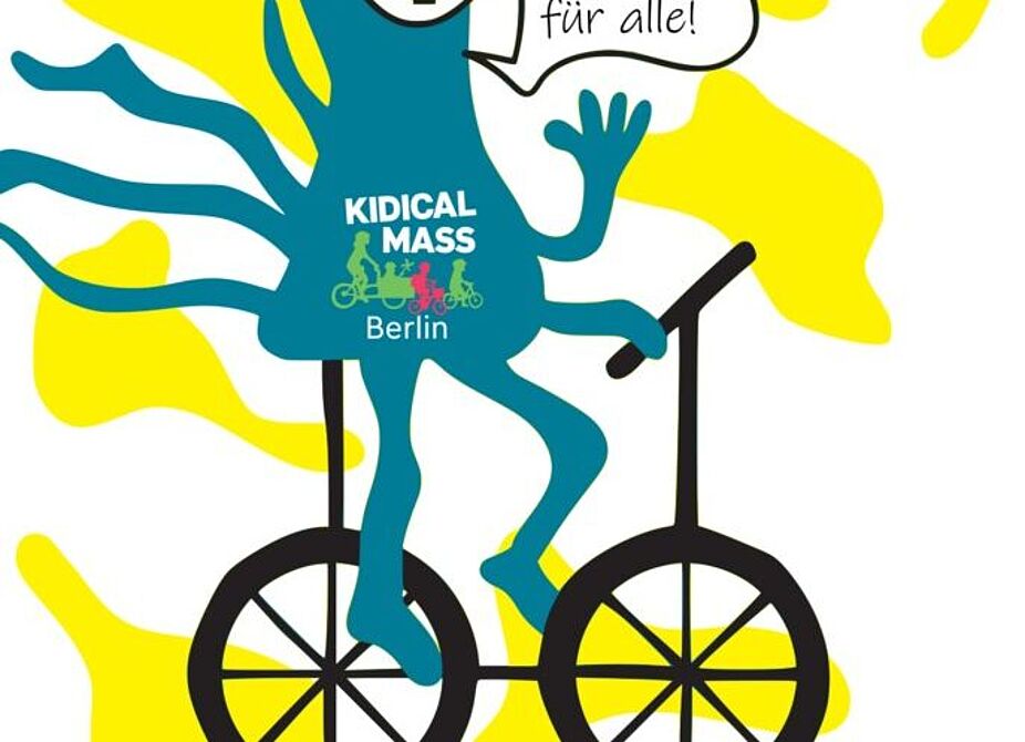 Froktopus für die Kidical Mass Berlin Auf einem Fahrrad sitzt ein "Froktopus" mit Kidical Mass Logo auf dem Bauch