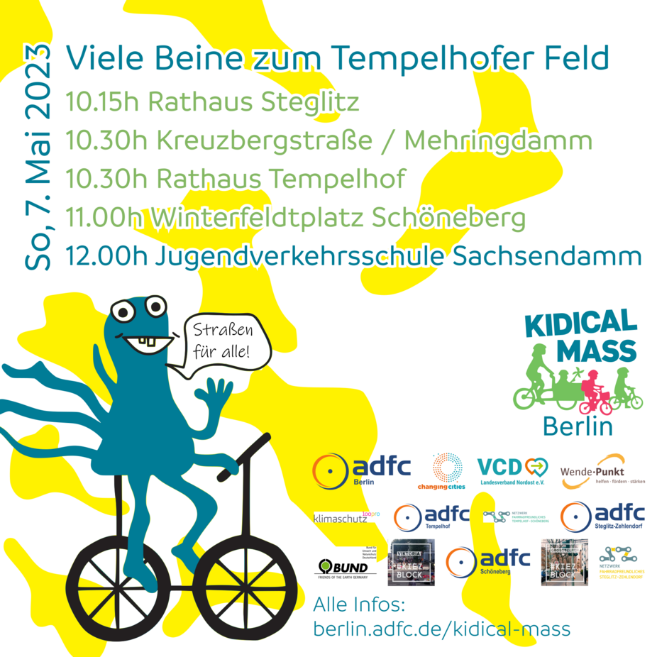 Startpunkte der Kidical Mass am 7. Mai 2023: Viele Beine zum Tempelhofer Feld Startpunkte der Kidical Mass am 7. Mai 2023: Viele Beine zum Tempelhofer Feld