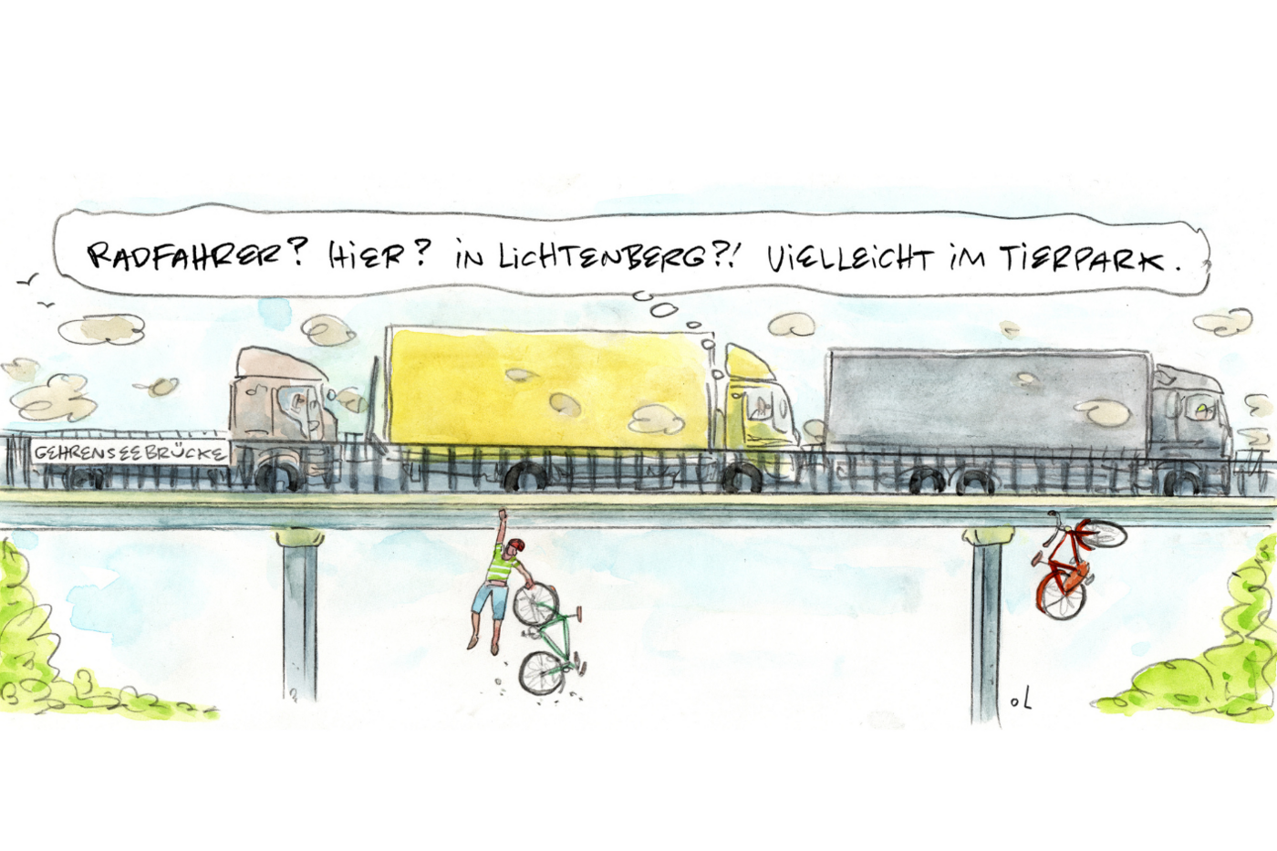 Cartoon Gehrenseebrücke voller LKWs, Radfahrer und Rad hängen darunter