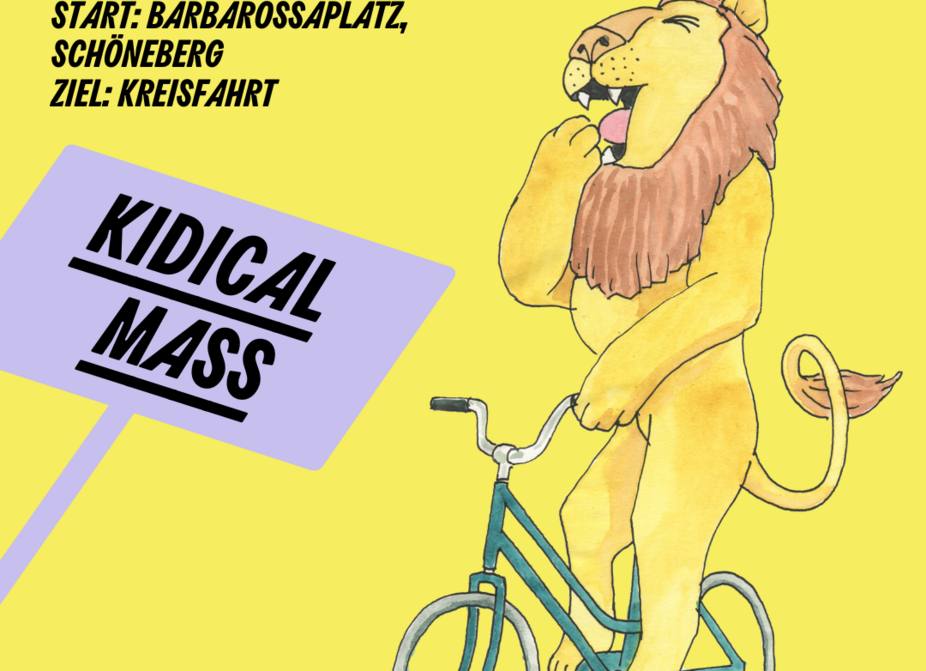 Sharepic von Changing Cities zur Kidical Mass Schöneberg am 21.09.2024 Sharpic zur Kidical Mass Schöneberg: Grafik mit einem Löwen vor gelbem Hintergrund auf einem Fahrrad und Ankündigung des Starts um 13 Uhr am Barbarossaplatz
