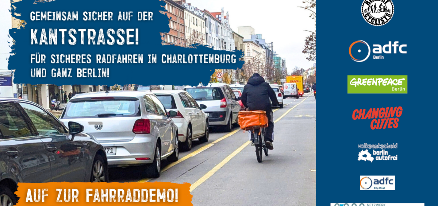 Kantstraße ohne Radweg? Nicht mit uns! Sharepic mit Radfahrendem auf Kantstraße und Logos