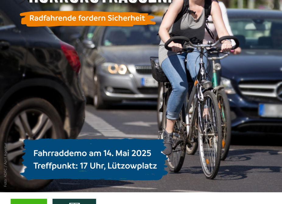 Sharepic zur Demo Horrorstraßen Sharepic mit verschiedenen Logos zur Ankündigung der Demo Horrorstraßen am 14.05.2025. Auf einen Foto sind zwei Radfahrerinnen zu sehen, die zwischen zahlreichen Autos kaum Platz zum Fahrradfahren haben