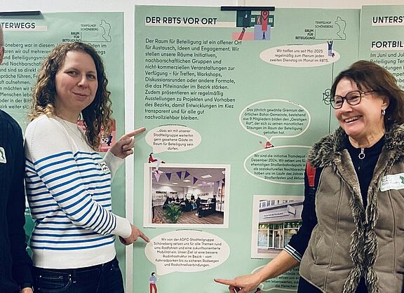 Vier Mitglieder des ADFC Schöneberg stehen vor Stellwänden im Raum für Beteiligung.