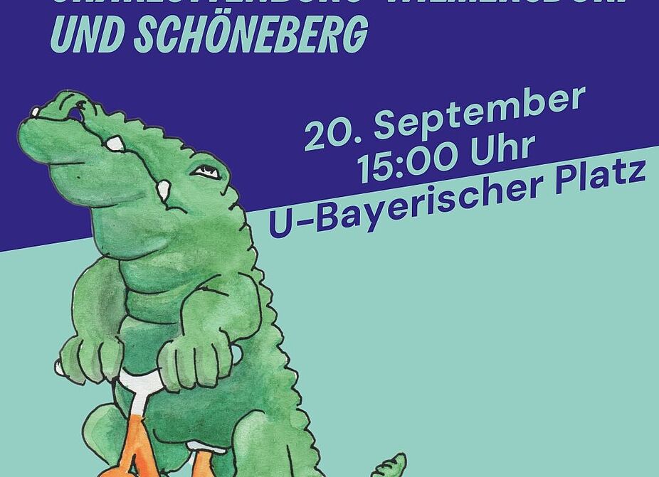 Sharepic mit dem Krokolil von Changing Cities für die Kidical Mass Charlottenburg-Wilmersdorf & Schöneberg Sharepic von Changing Cities für die Kidical Mass Charlottenburg-Wilmersdorf & Schöneberg Auf dem Bild ist ein Krokodil auf einem Fahrrad zu sehen, mit der Ankündigung der Kidical Mass am 20.09.2025 um 15 Uhr ab Bayerischer Platz