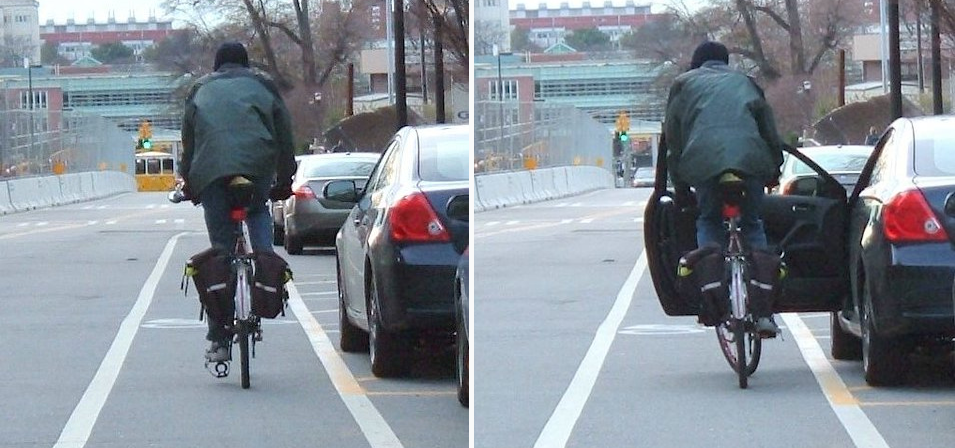 Symbolbild dooring-Unfall Zwei Bilder nebeneinander: Im linken Bild sieht man von hinten eine Person auf einem schmalen Radfahrstreifen zwischen Fahrbahn und parkendem Auto fahren. Aufe dme linken Bild ist in gleicher Position die Fahrertür des Autos geöffnet und der Radfahrer fährt frontal mit kurzem Abstand auf die geöffnete Tür zu.
